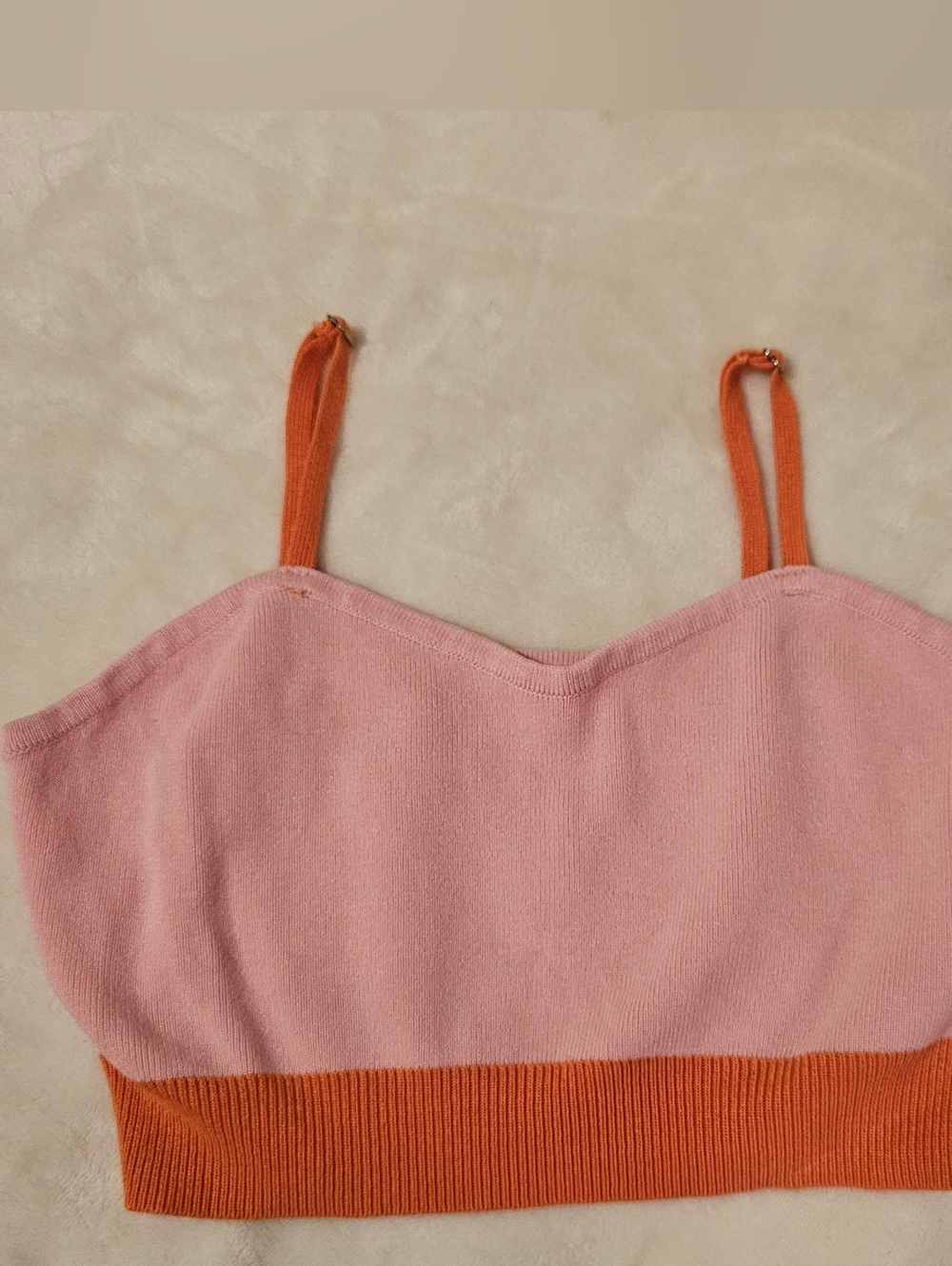 Women’s Pink & Orange Knit Crop Tank Top – Colorblock Spaghetti Strap